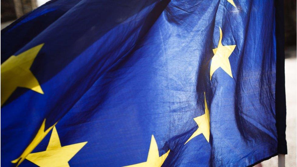 An EU flag flies outside the Houses of Parliament in London