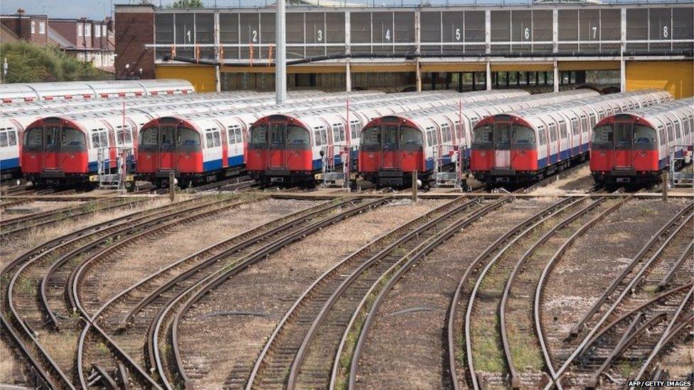 London Underground Piccadilly Line tube trains are parked at the Northfields Depot in west London