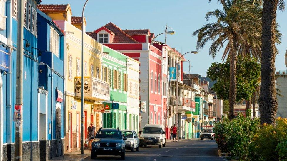 Old townhouses of trading companies or armazens in Mindelo on Sao Vicente, Cape Verde