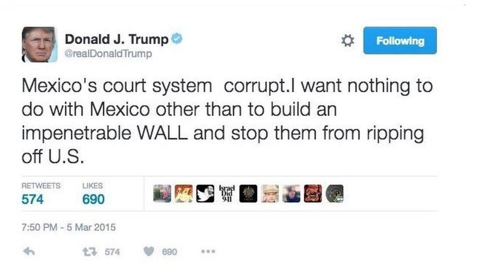 Tweet by Donald Trump accusing Mexico's judicial system of corruption and suggesting the building of a wall