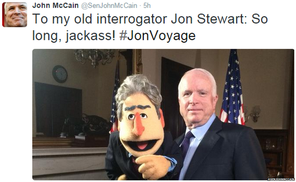 A tweet from John McCain mocking Jon Stewart