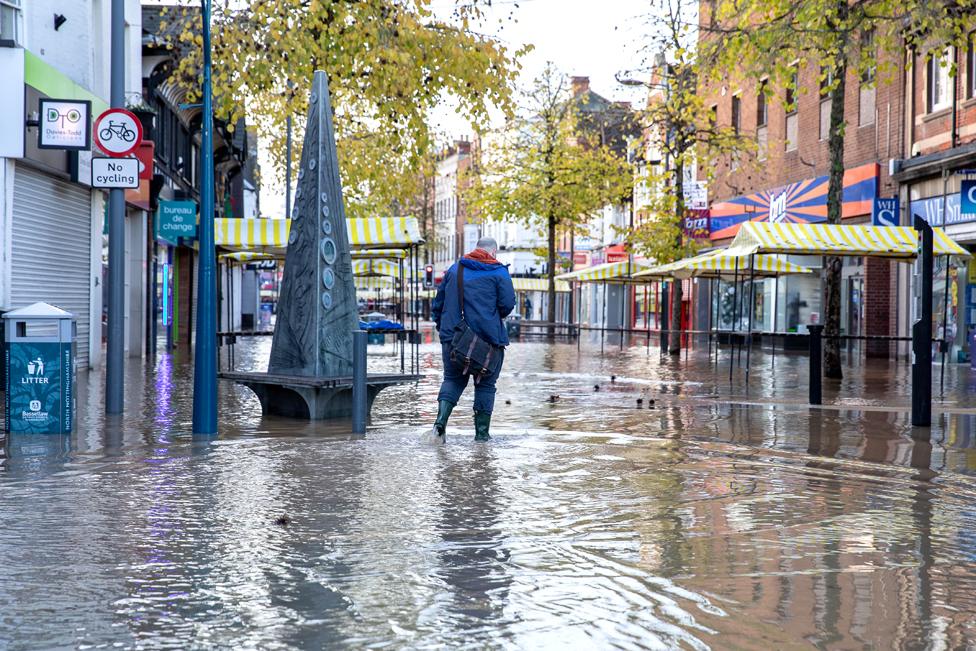 A flooded street in Worksop