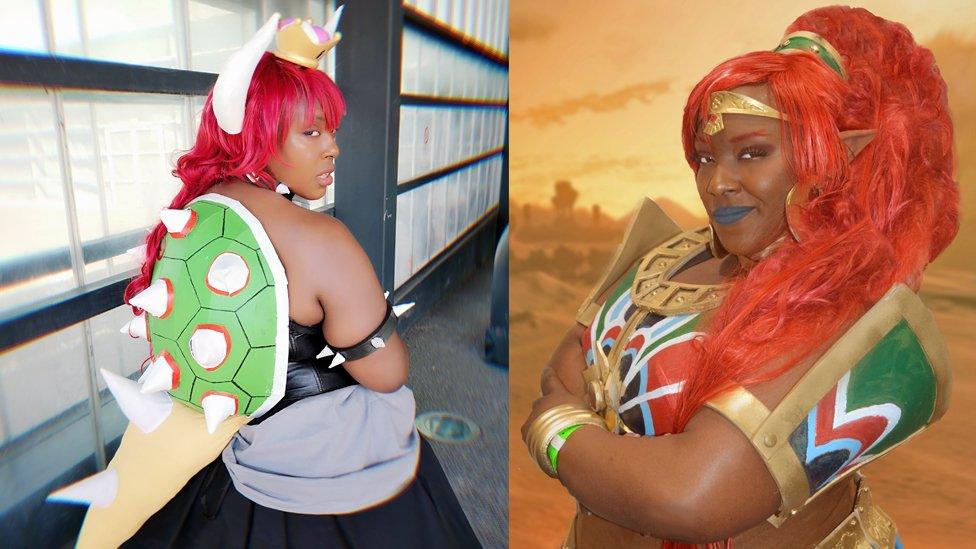 Kat dressed as Nintendo characters Bowser and Urbosa