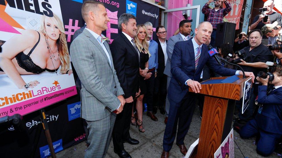 Ms Daniels' lawyer Michael Avenatti, right, speaking to the press outside Chi Chi La Rue's sex shop