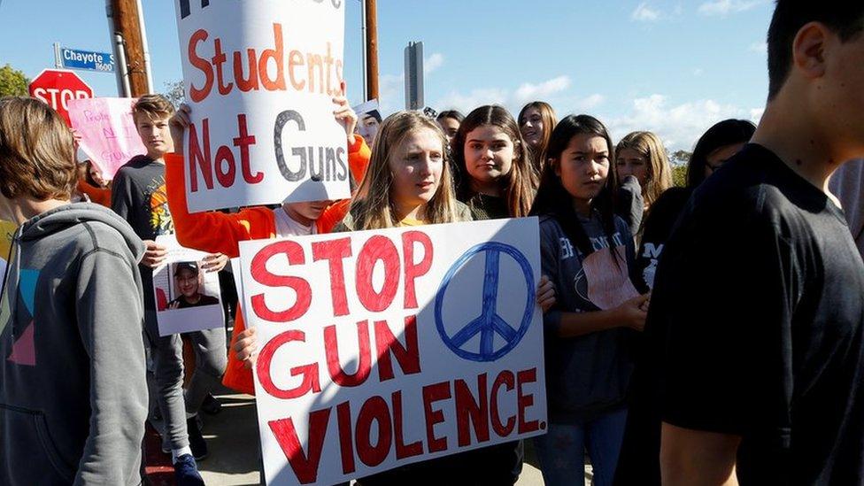 Students holding signs and demonstrating against gun violence in the US