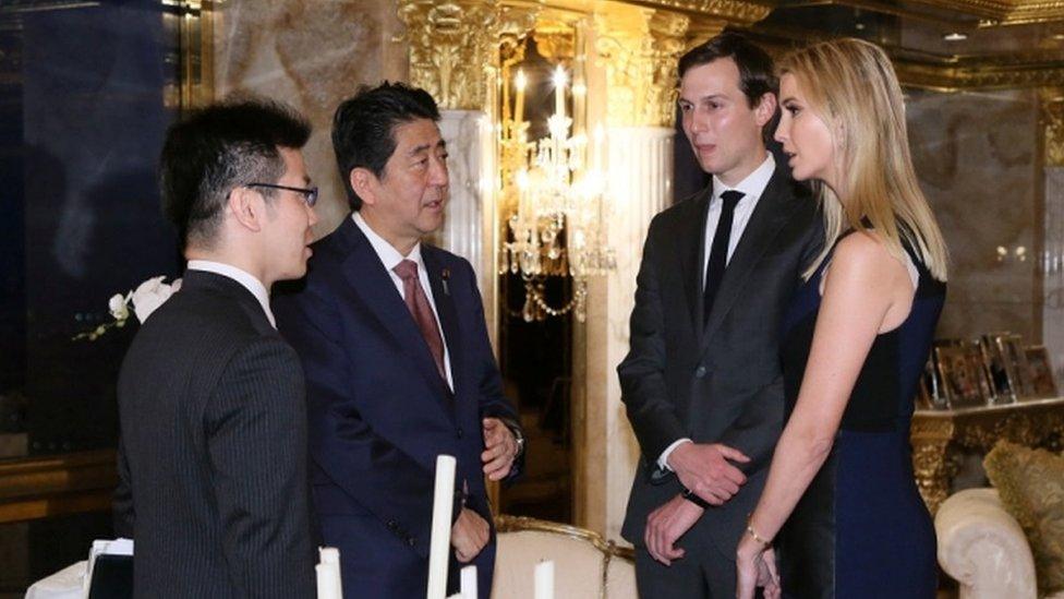 Donald Trump's daughter Ivanka and her husband Jared Kushner (2nd from right) also met Mr Abe