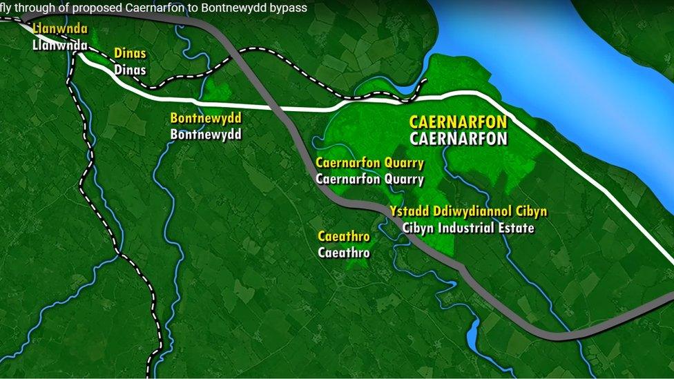 The proposed route of the new Caernarfon bypass