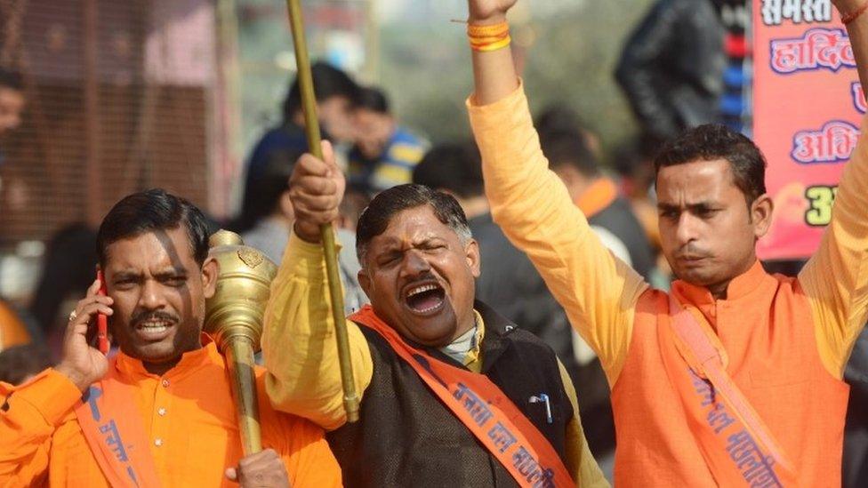 Protesters gather at the Ayodhya site