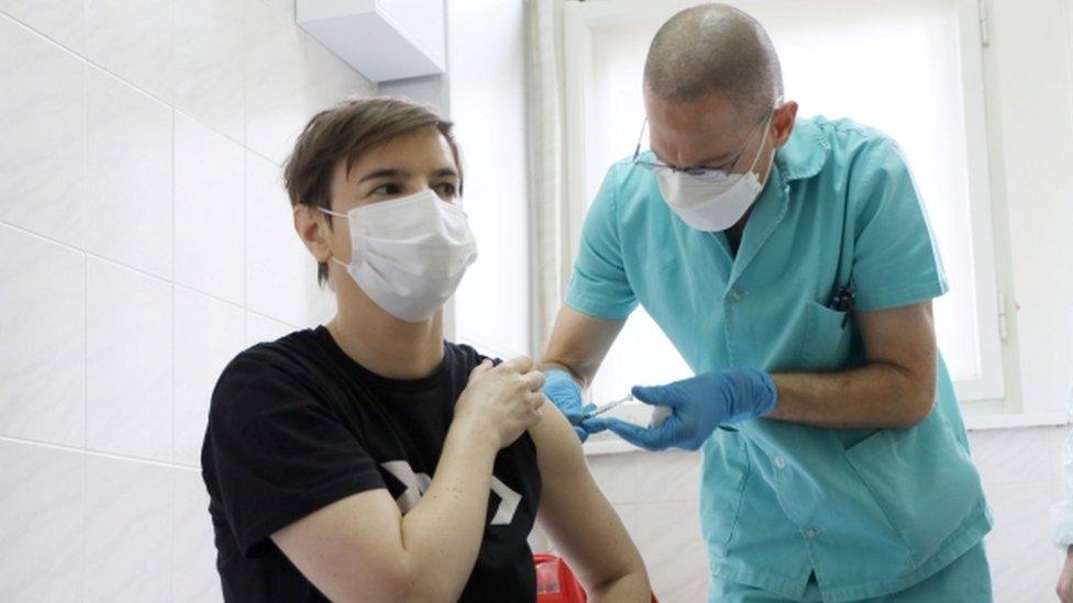 Prime Minister of Serbia Ana Brnabic receives the Pfizer COVID-19 vaccine at the Institute of Virology, Vaccines and Sera, known as the "Torlak", in Belgrade