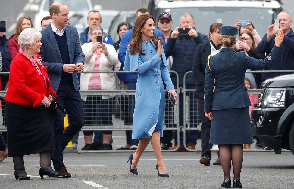 William and Kate wave to the crowd in Ballymena