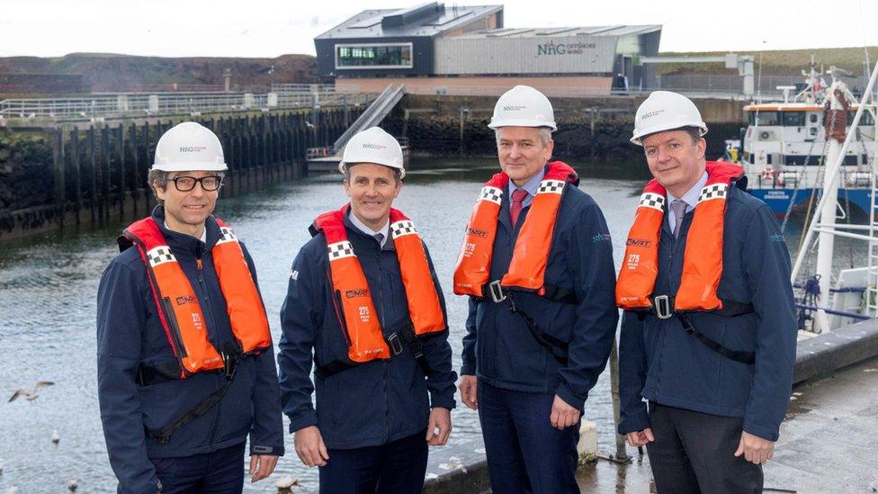 Matthieu Hue, CEO of EDF Renewables UK; Michael Matheson MSP; Matthias Haag, NnG Project Director and John O’Connor, Generation Delivery at ESB at the new building in Eyemouth.