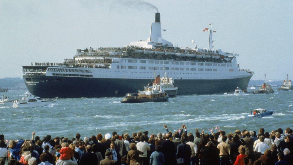 The QE2 carrying British troops from Southampton during the Falklands War in 1982