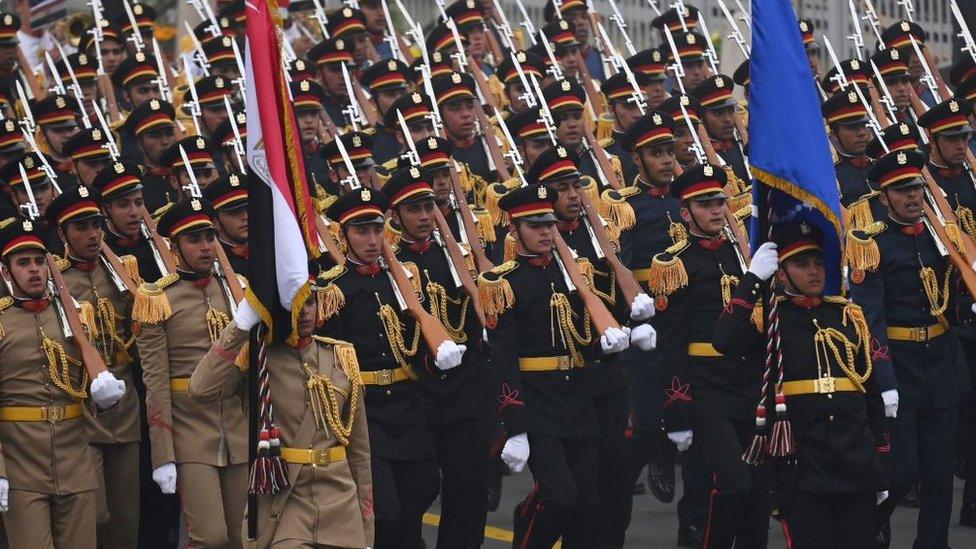 Egypt's Armed Forces march past during Indias 74th Republic Day parade in New Delhi on January 26, 2023.