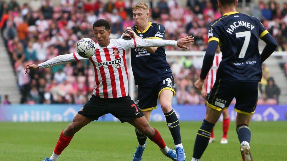 Sunderland's Jobe Bellingham holds off Middlesbrough's Josh Coburn during the Sky Bet Championship match between Sunderland and Middlesbrough at the Stadium Of Light