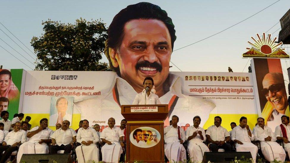 Indian Dravida Munnetra Kazhagam (DMK) party president M. K. Stalin speaks during an election rally for India's general election in Sriperumbudur in the Tamil Nadu state on April 14, 2019