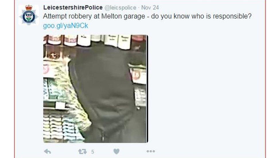 Leicestershire Police tweet: Attempt robbery at Melton garage - do you know who is responsible? With a picture of the back of a man's head