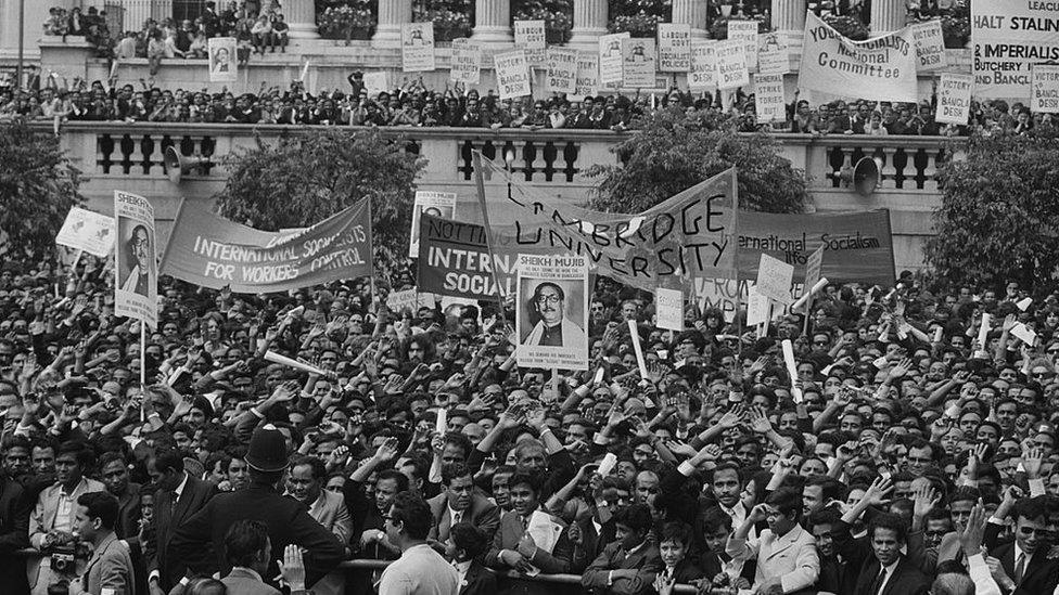 Protestors at a rally in Trafalgar Square, London, calling for the recognition of the Bangladeshi declaration of independence from Pakistan, and an end to atrocities carried out by the Pakistani military in the Bangladesh Liberation War, 1st August 1971.