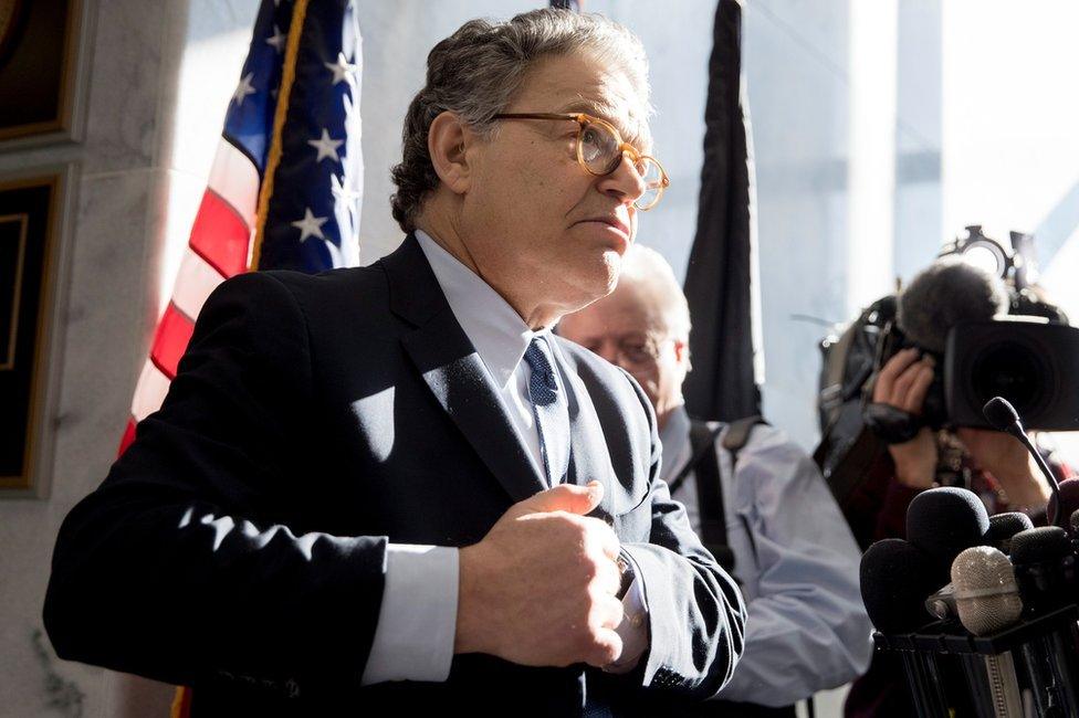 Democratic Senator Al Franken takes questions after making a statement regarding alleged sexual misconduct on Capitol Hill in Washington, 27 November