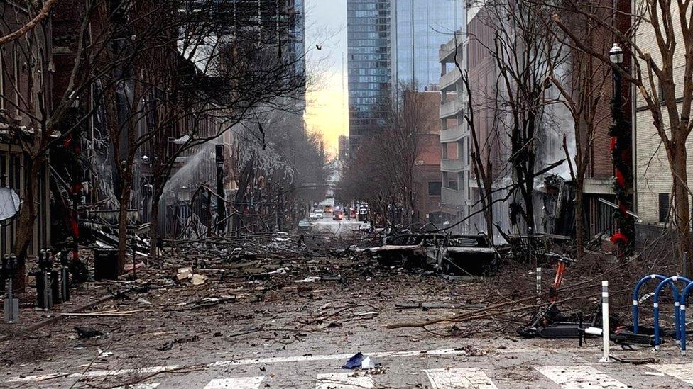 General view of the site of an explosion in the area of Second and Commerce in Nashville