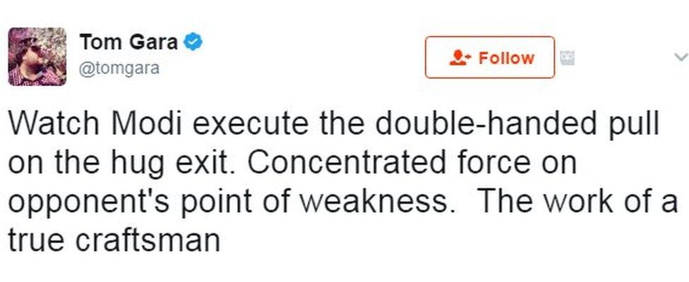 Watch Modi execute the double-handed pull on the hug exit. Concentrated force on opponent's point of weakness. The work of a true craftsman