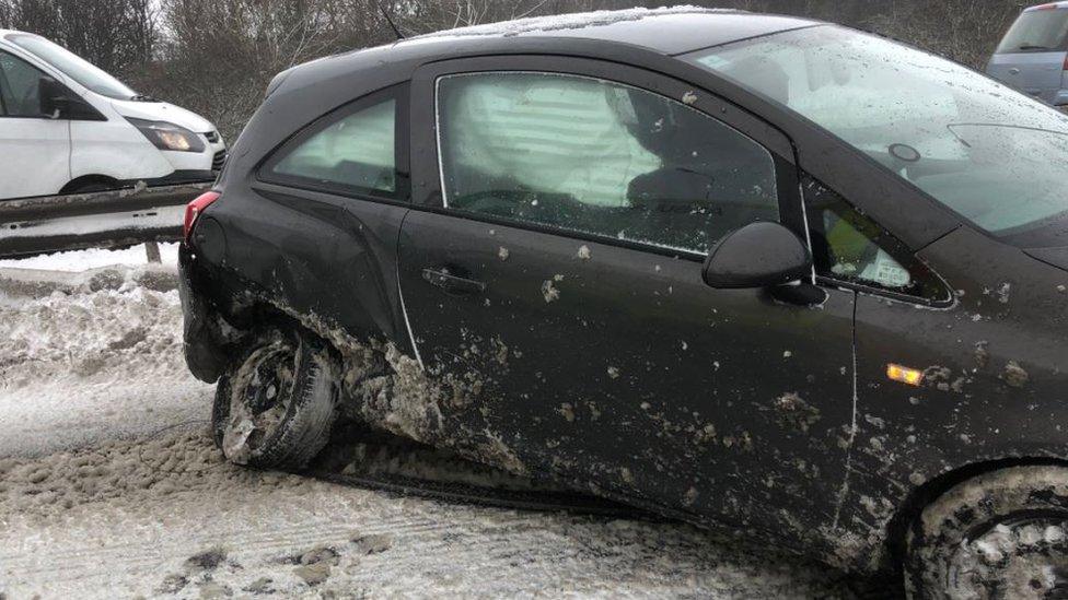 Crashed car on A19 on Teesside, near Wingate