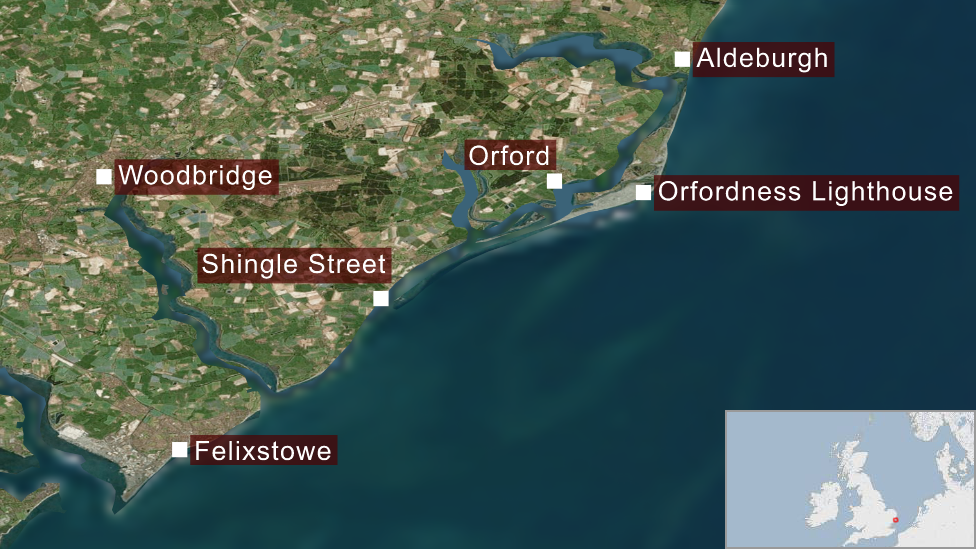 Map showing Orford Ness, Suffolk