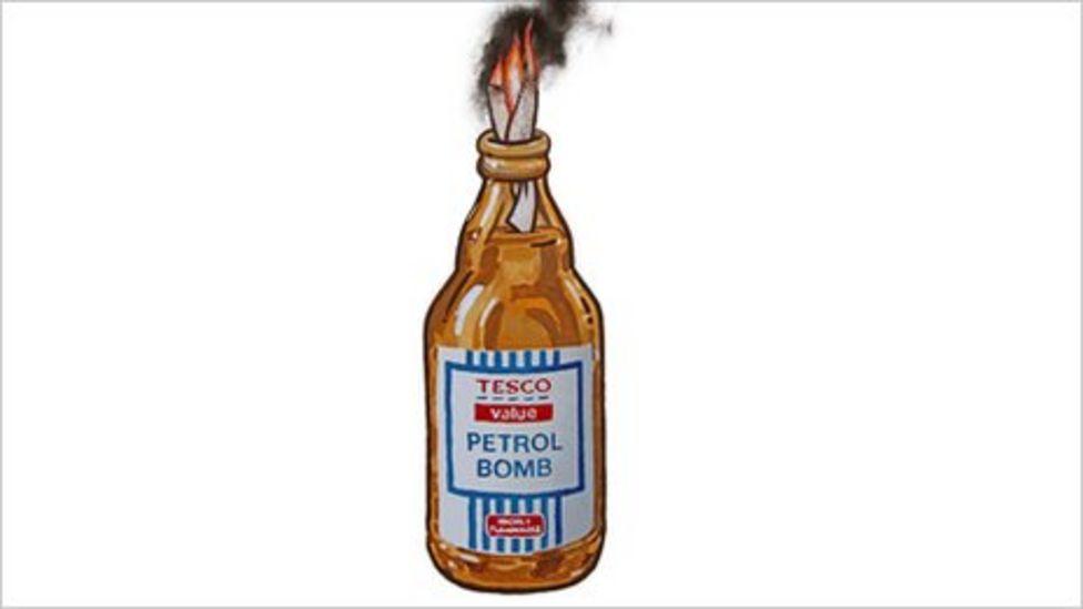 Artwork by Bristol artist Banksy showing a Tesco Value branded petrol bomb