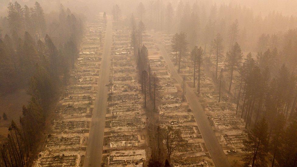 In this aerial photo, a burned neighborhood is seen in Paradise, California on November 15, 2018