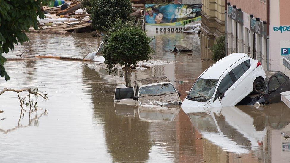 Debris and damaged cars in Bavaria, southern Germany