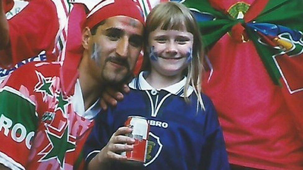 Eight-year-old CJ with Moroccan fans during the 1998 World Cup in France