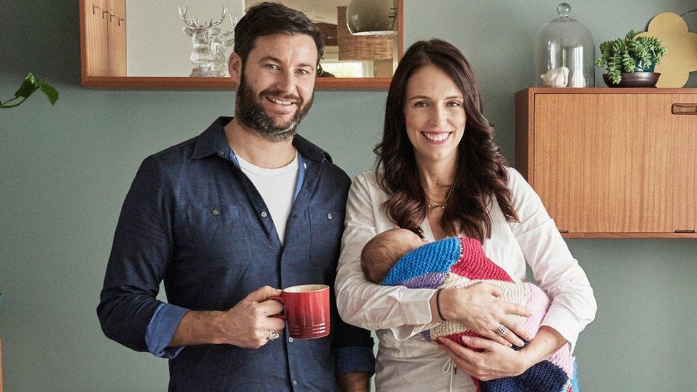 Prime Minister Jacinda Ardern and partner Clarke Gayford pose with their baby daughter Neve Gayford