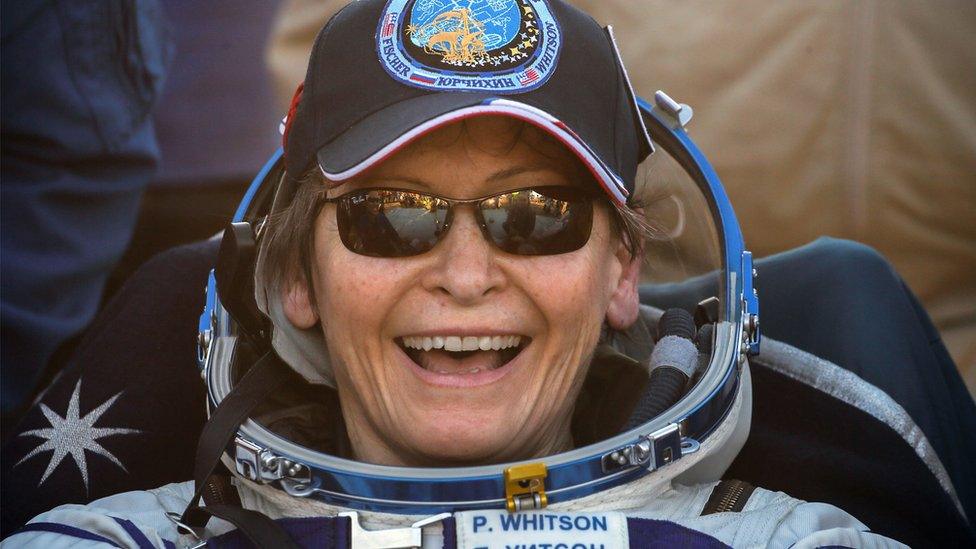 nternational Space Station (ISS) crew member US astronaut Peggy Whitson reacts shortly after landing in a remote area outside the town of Dzhezkazgan (Zhezkazgan), Kazakhstan on September 3, 2017 US astronaut Peggy Whitson touched down to Earth on September 3 with two Russian and American colleagues following her record-breaking 288-day stay at the International Space Station