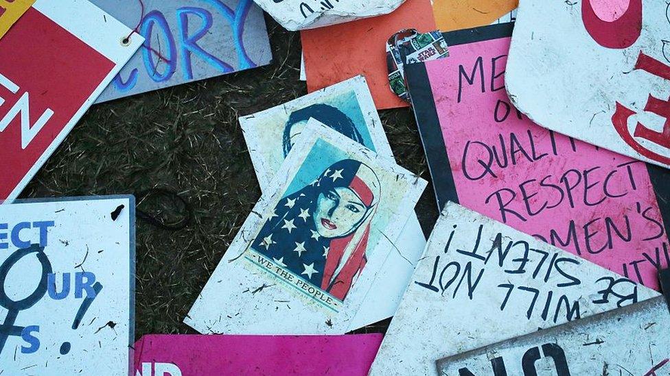 Protester's signs left near the White House during the Women's March on Washington on January 21