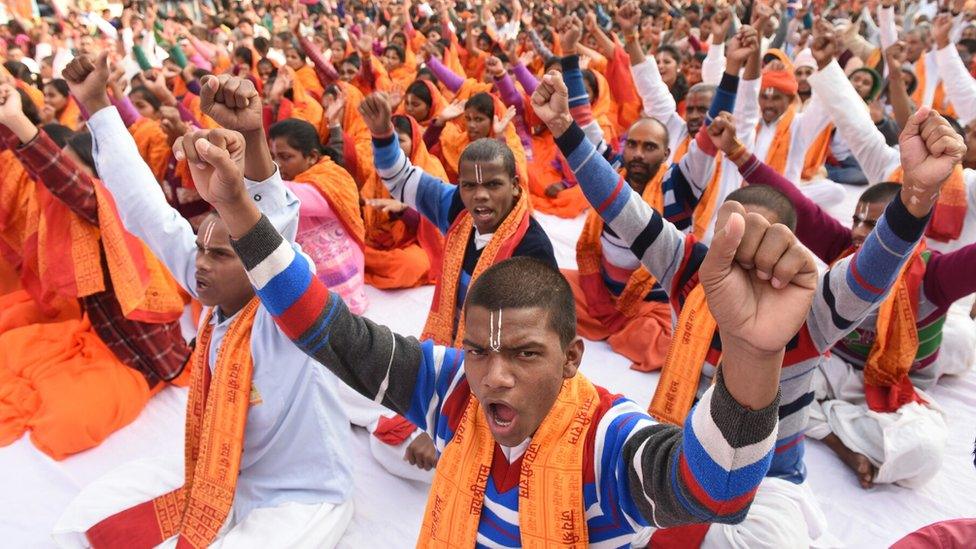 VHP saints at Karsevak Puram taking park in Hindu Swabhiman Sammelan organized by the VHP to mark 25th anniversary Babri Masjid demolition, on December 6, 2017 in Ayodhya