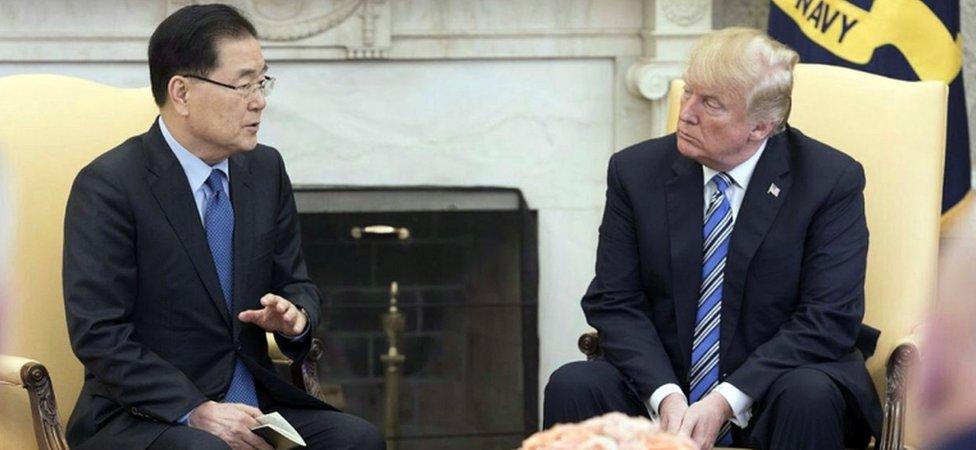 Chung Eui-yong and Donald Trump talk