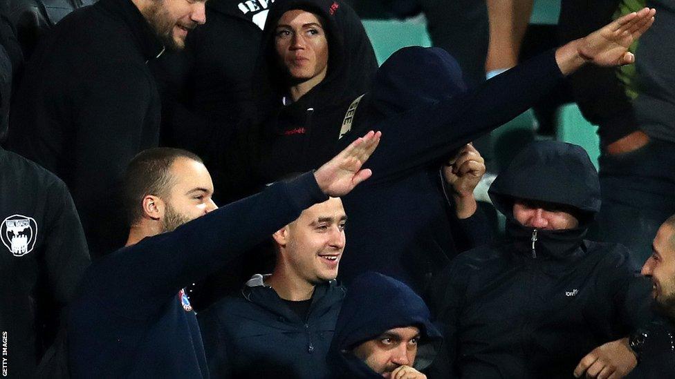 Bulgarian fans making Nazi salutes in the Vasil Levski stadium in Sofia