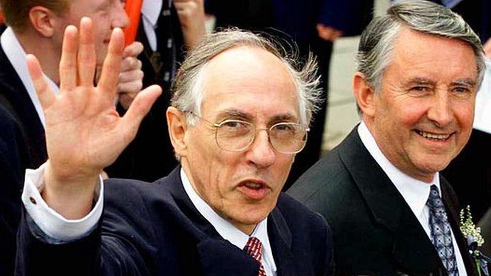 Scotland's first First Minister Donald Dewar and Presiding Officer Sir David Steel arriving for the opening the new Scottish Parliament on 1 July 1999