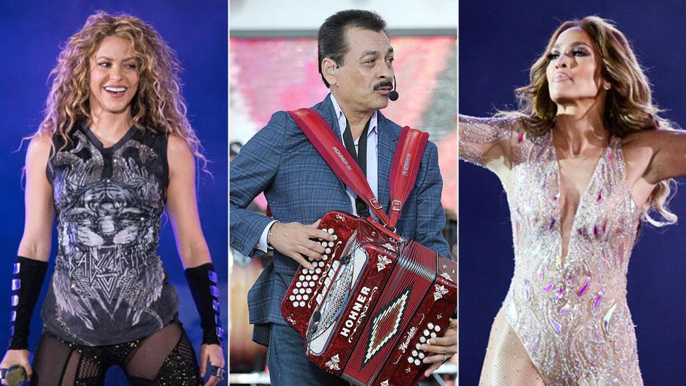 Shakira, member of Tigres del Norte, Jennifer Lopez composite image