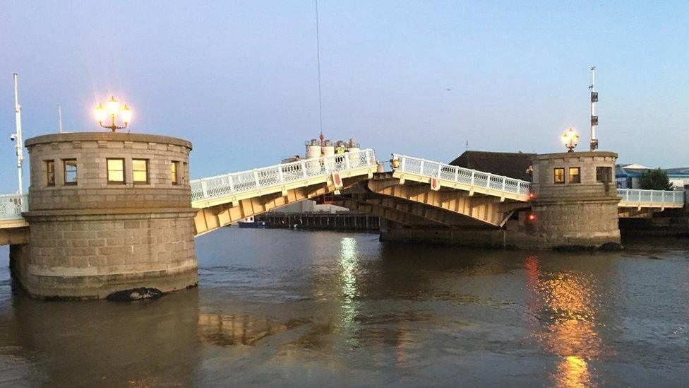 Haven Bridge in partially open position in Great Yarmouth