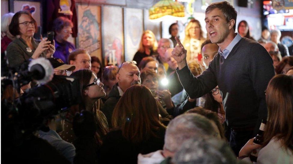 Democratic presidential candidate Beto O'Rourke an overflow audience at Yock's Landing during his second day of campaigning