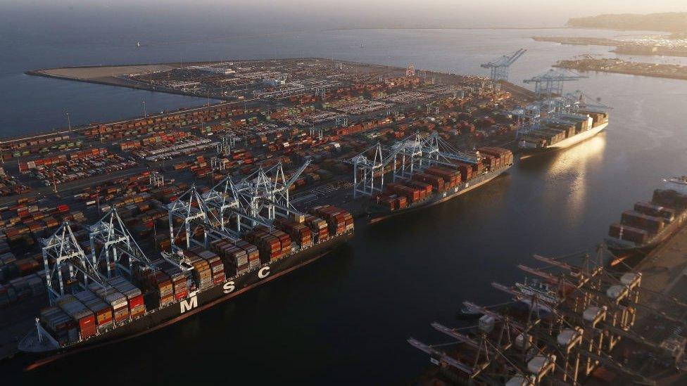 Cargo ships at the Port of Los Angeles