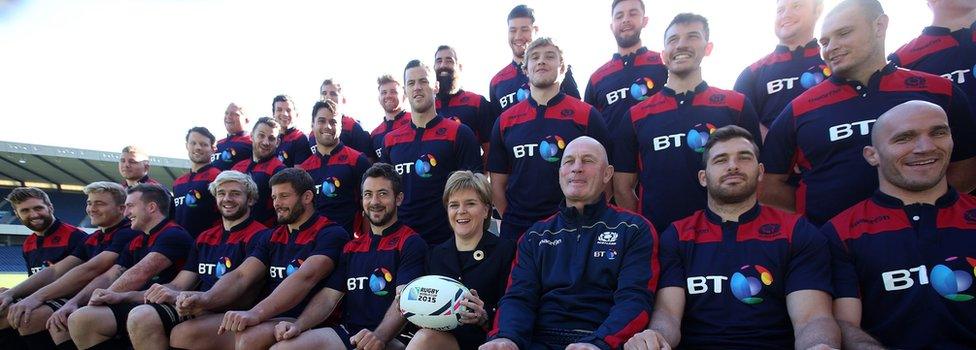 First Minister Nicola Sturgeon has a photo taken with the Scotland Rugby World Cup Squad at Murrayfield Stadium ahead of the World Cup.