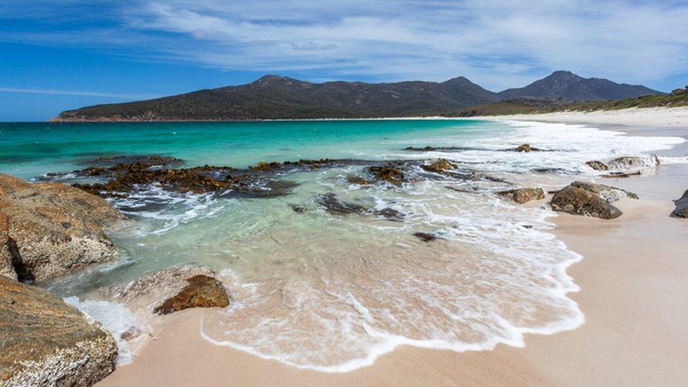 Tasmania coastline, white beach and windswept peaks