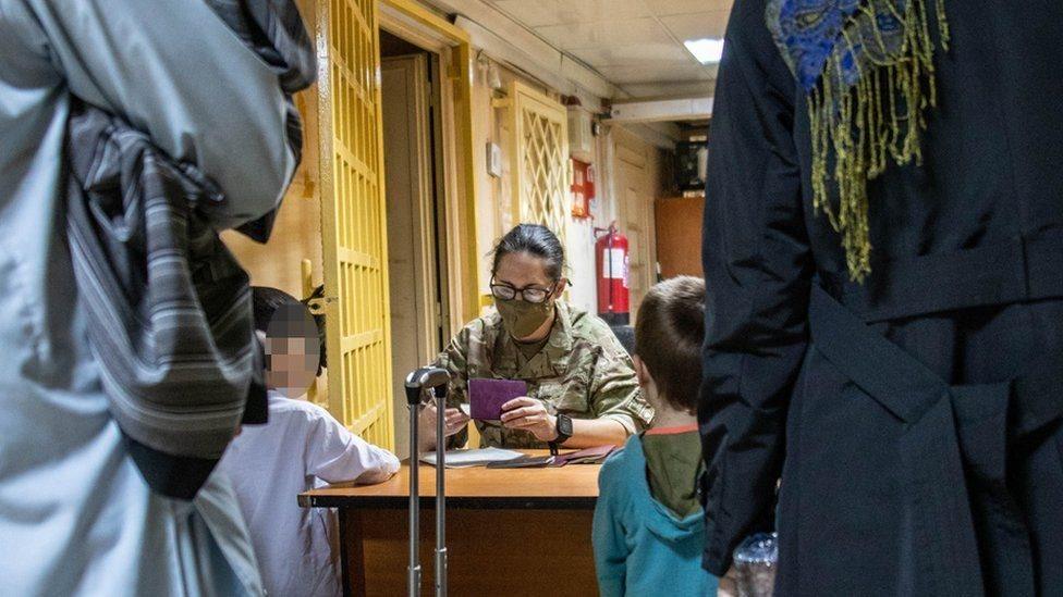 Woman sat at desk checking passports