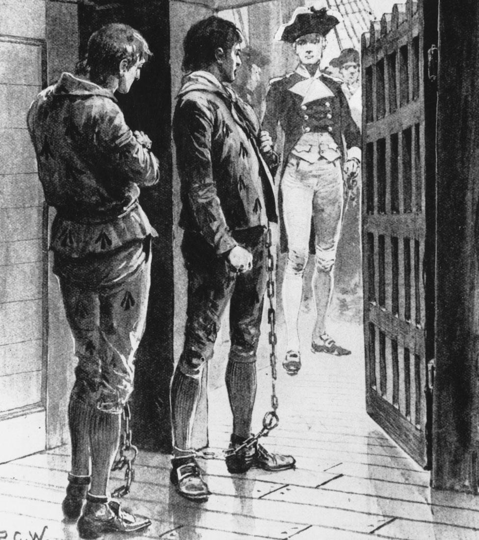 Illustration showing convicts in chains on a ship bound for Botany Bay, Australia in the 1870s