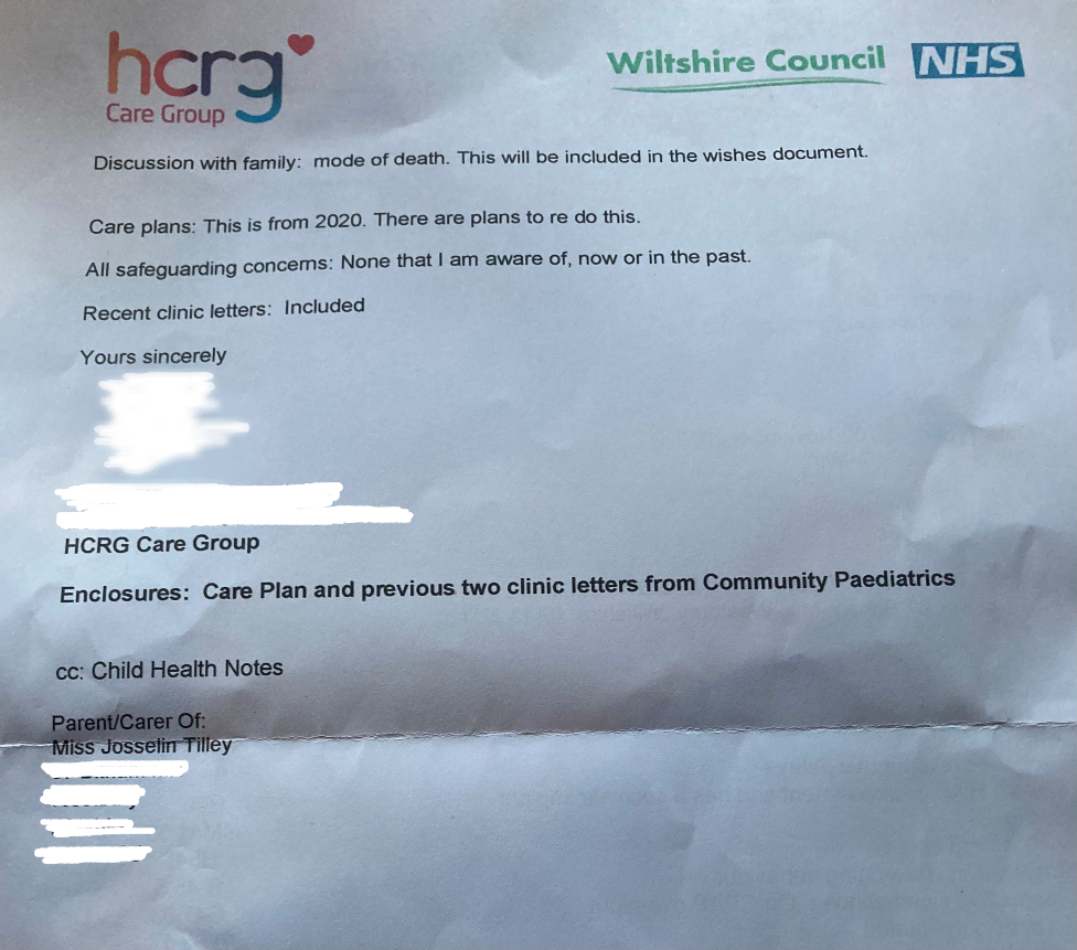 Letter received by Mrs Tilley from HCRG community paediatrician