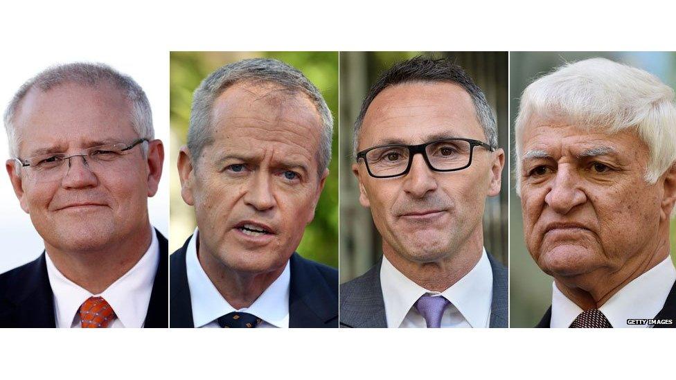 (L-R) Scott Morrison, Bill Shorten, Richard Di Natale, Bob Katter