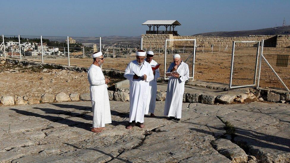 Members of the Samaritan community praying on Mount Gerizim