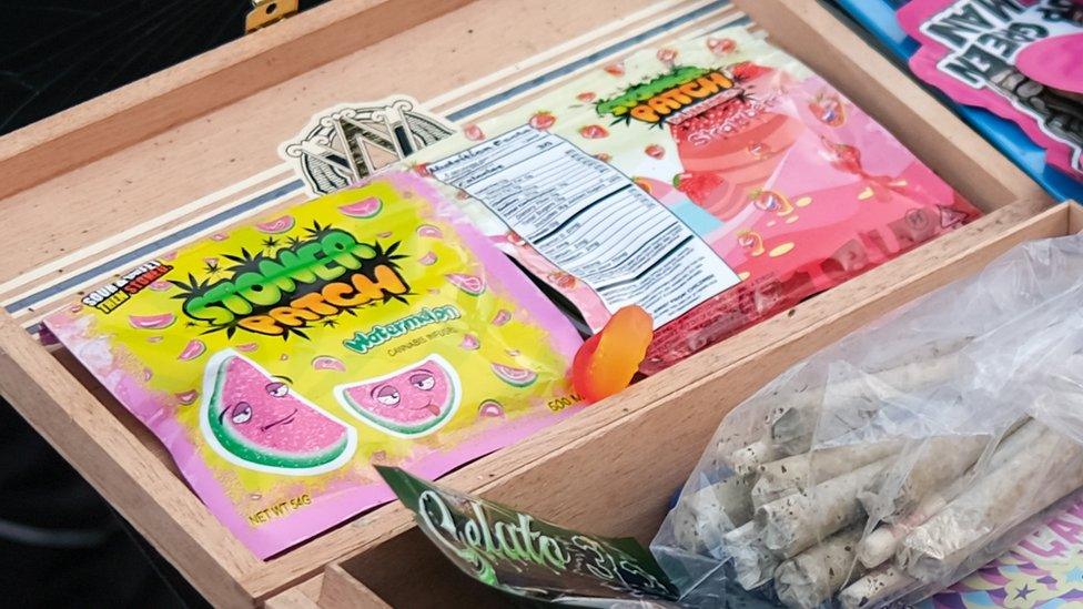 Cannabis edibles in candy packaging.