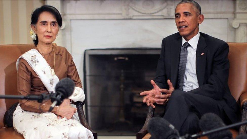 Barack Obama talks to the media as he meets with Myanmar's State Counsellor Aung San Suu Kyi at the Oval Office